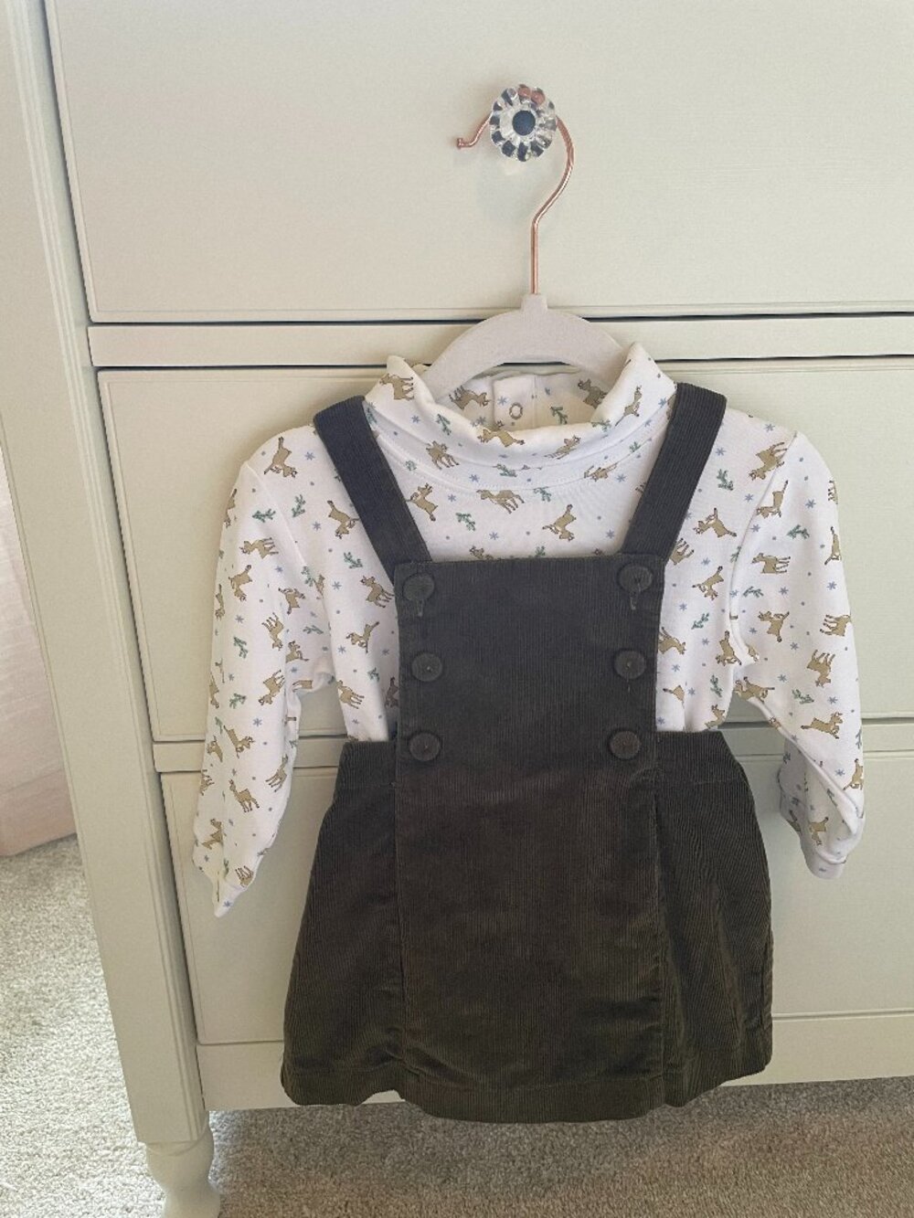 Bella Bliss Baby Girl Olive Corduroy Jumper with Christmas Onesie 18/24M NWOT